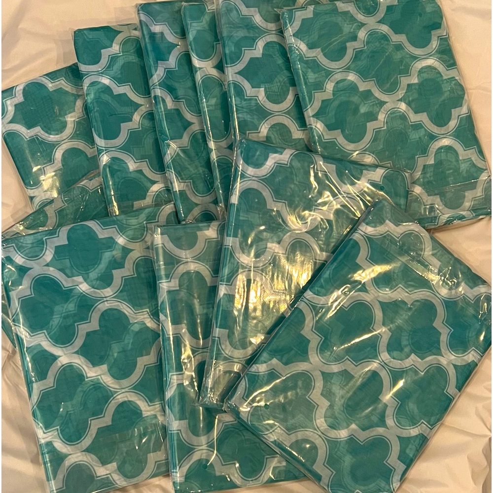 NEW IN PACKAGE!! 12 Curtain Sheer Panels.Teal & White SUPER CUTE